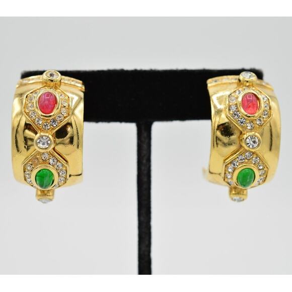 Christian Dior Vintage Cabochon Clip On Earrings Green Gold Chunky Signed Bin1 - Picture 1 of 9